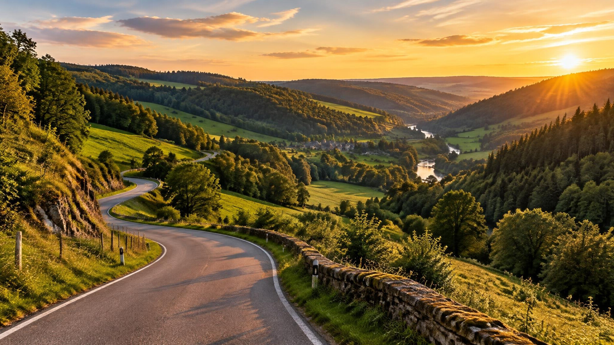 Winding country road through green hills
