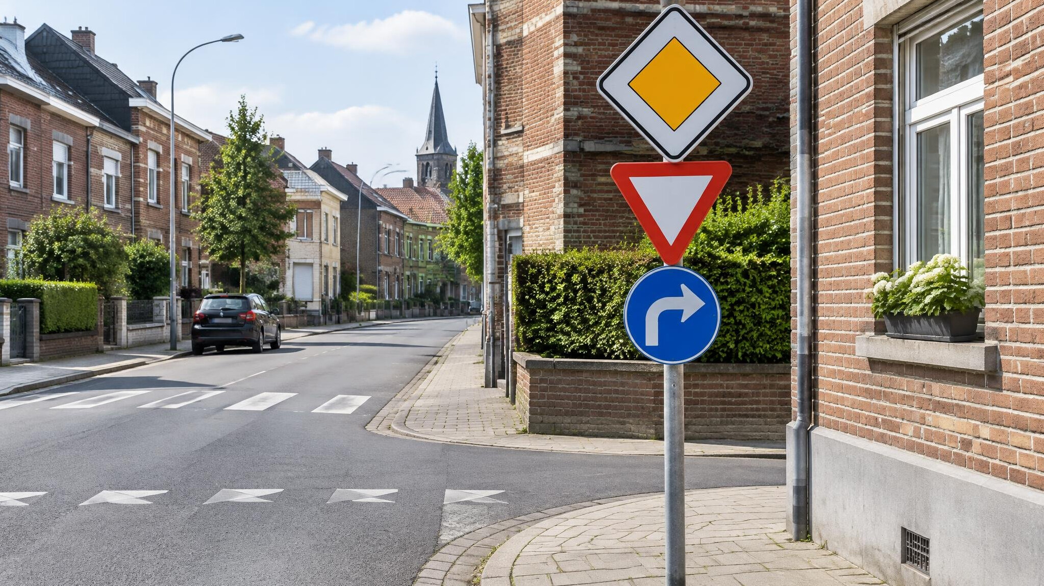 Road with traffic signs on a European street
