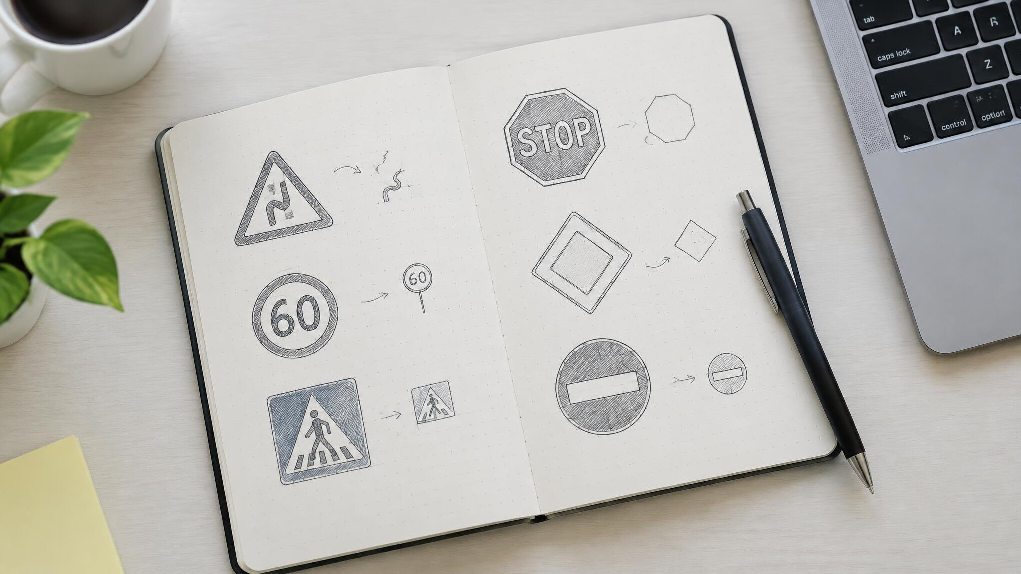 Hand writing in a notebook on a desk with a laptop