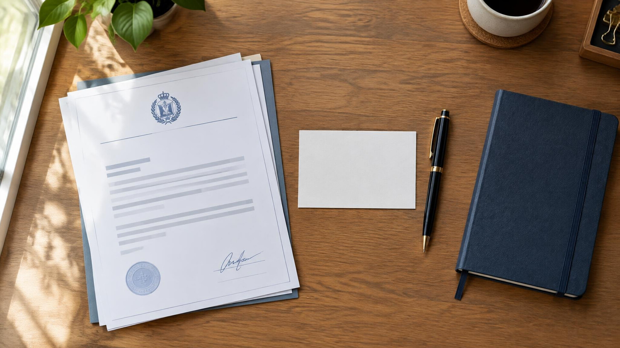 Documents and notebook on a desk with a pen