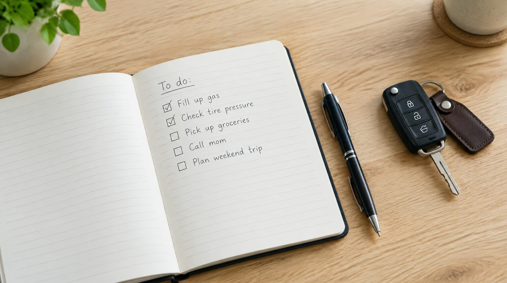 Open notebook with checklist and pen on a table