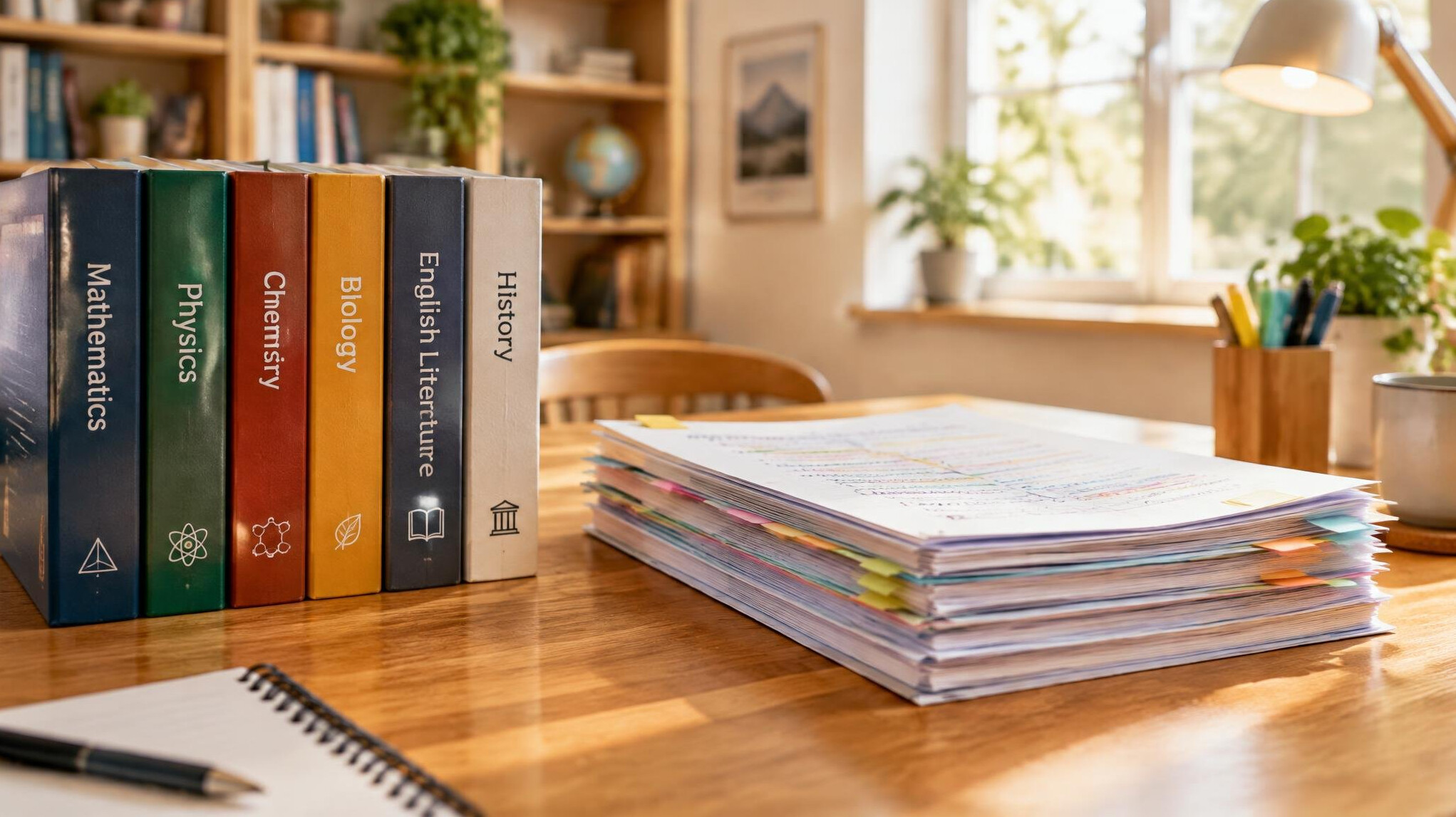 Stack of books and study materials in a library